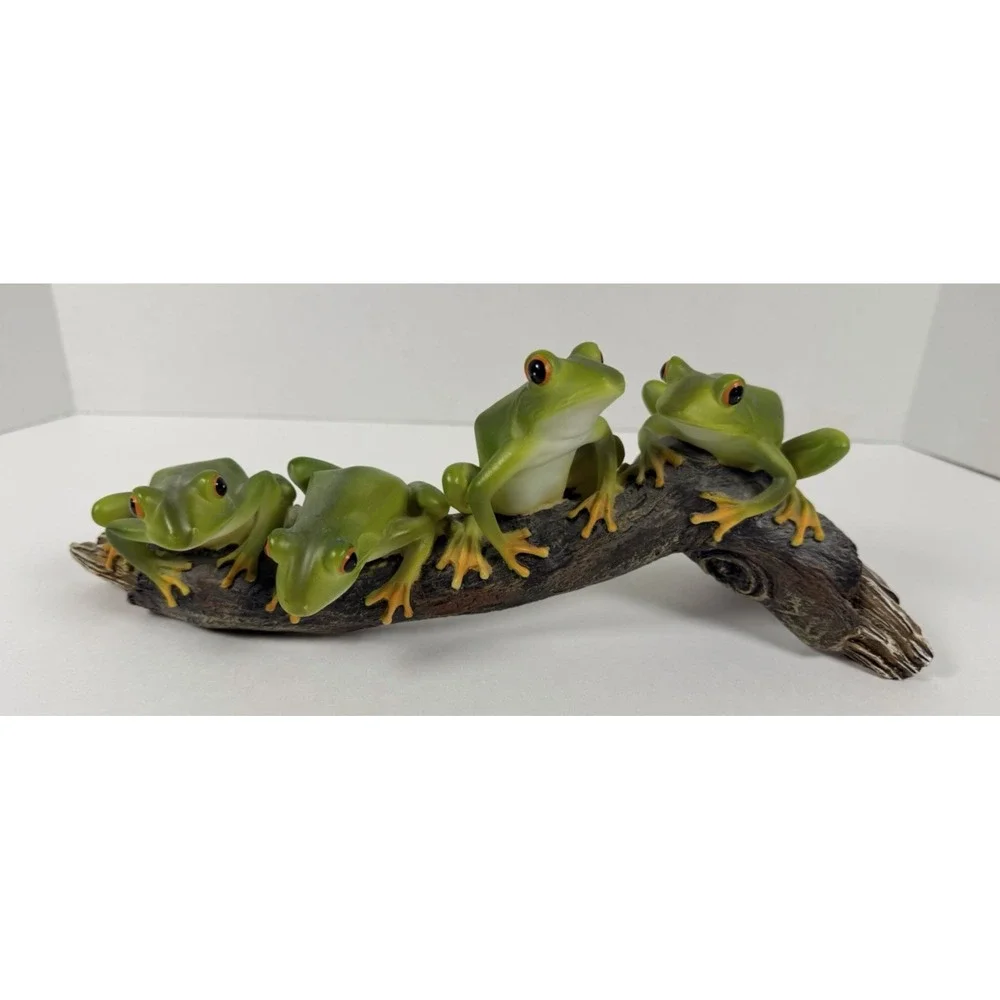 Green Tree Frogs On Branch Life-like Resin Statue Life-Size Decor Figurine